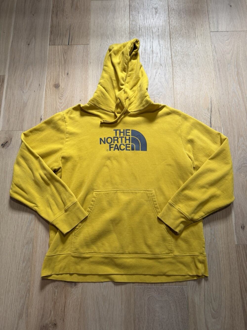 North Face Mens Half Dome Pullover Hoodie Yellow L Big Logo Hooded Sweatshirt